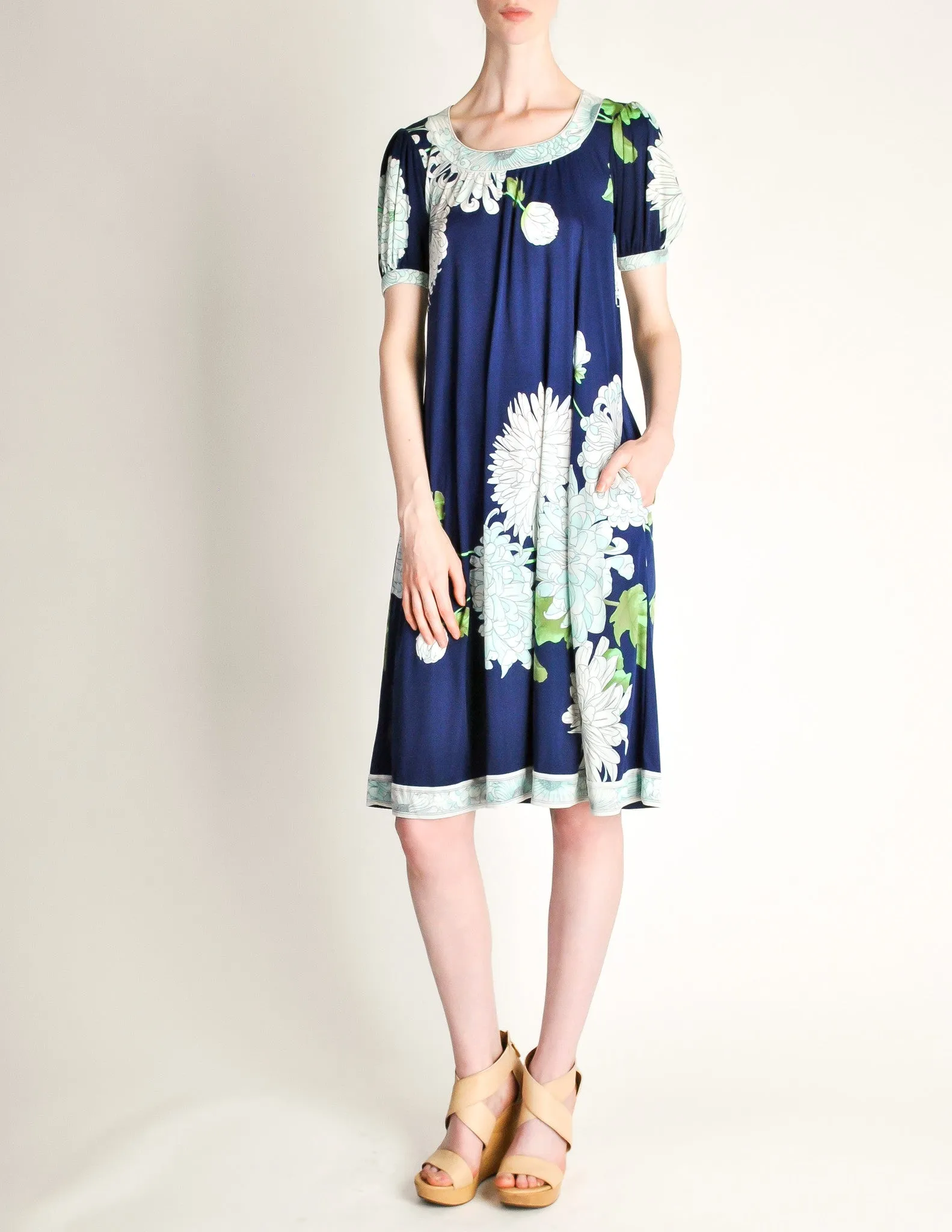 Leonard Vintage Blue Silk Jersey Floral Print Dress