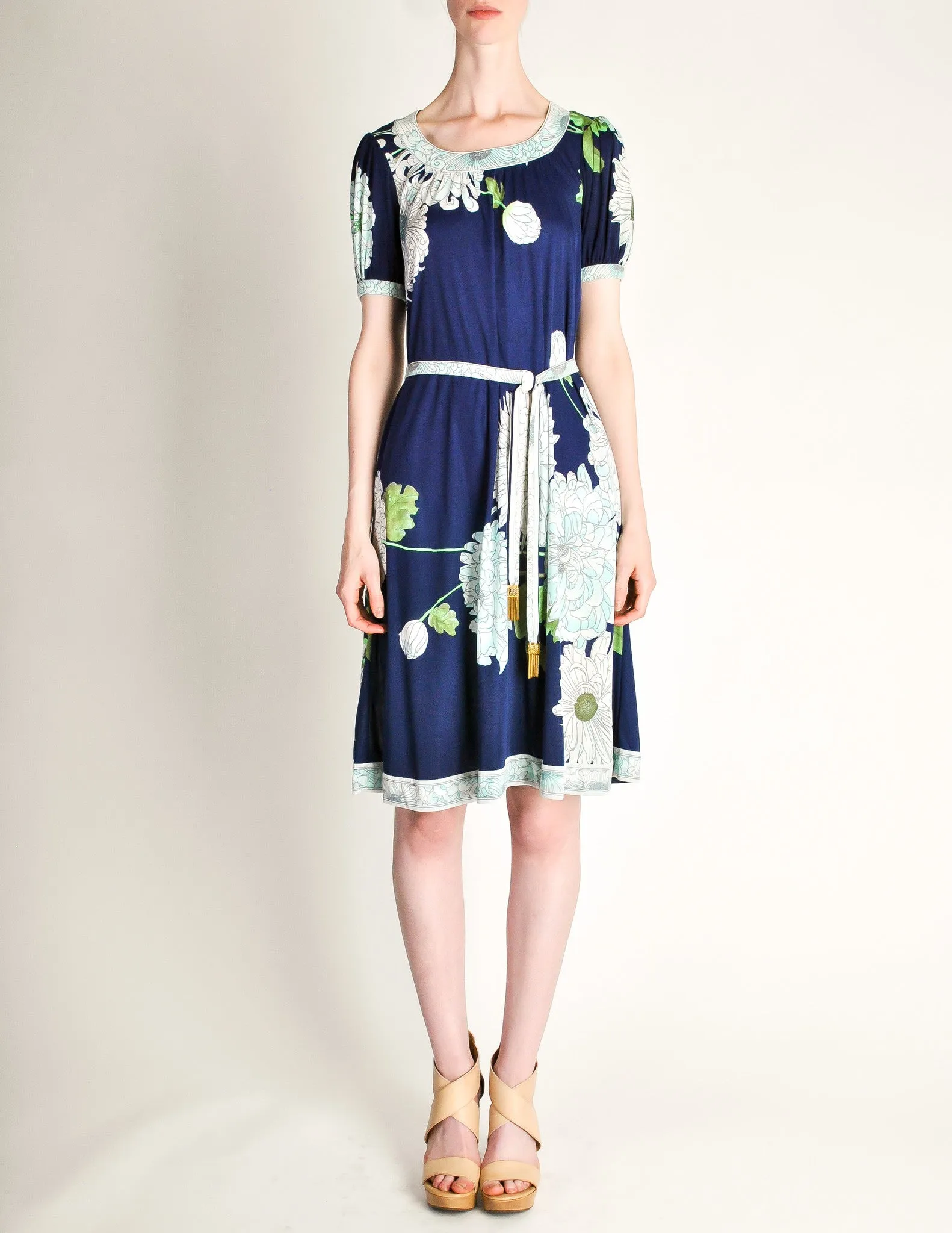 Leonard Vintage Blue Silk Jersey Floral Print Dress