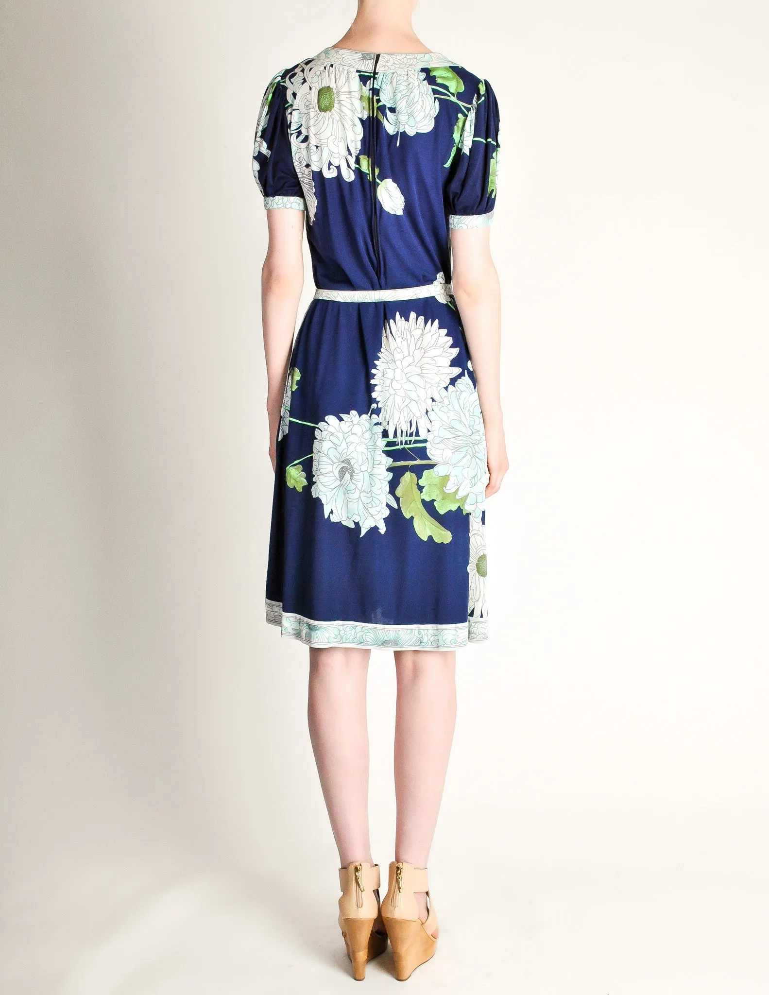 Leonard Vintage Blue Silk Jersey Floral Print Dress