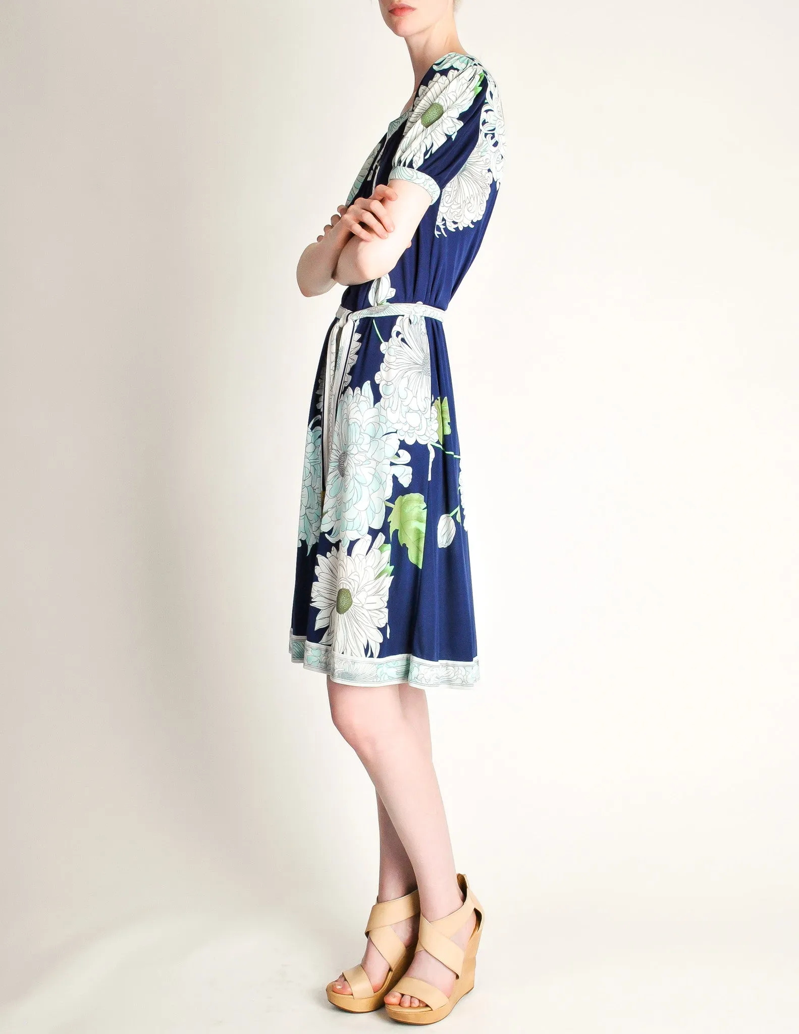 Leonard Vintage Blue Silk Jersey Floral Print Dress