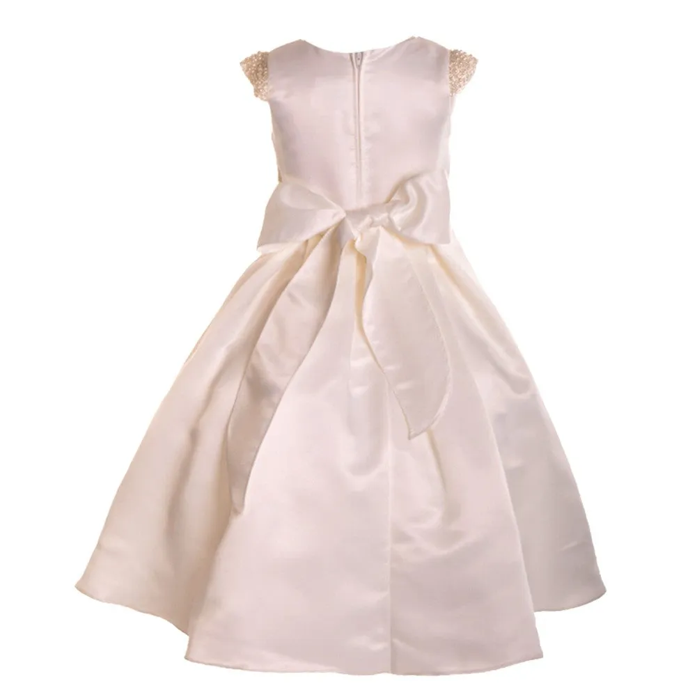 Little Girls Ivory Dull Satin Beaded Flower Girl Dress 2T-6