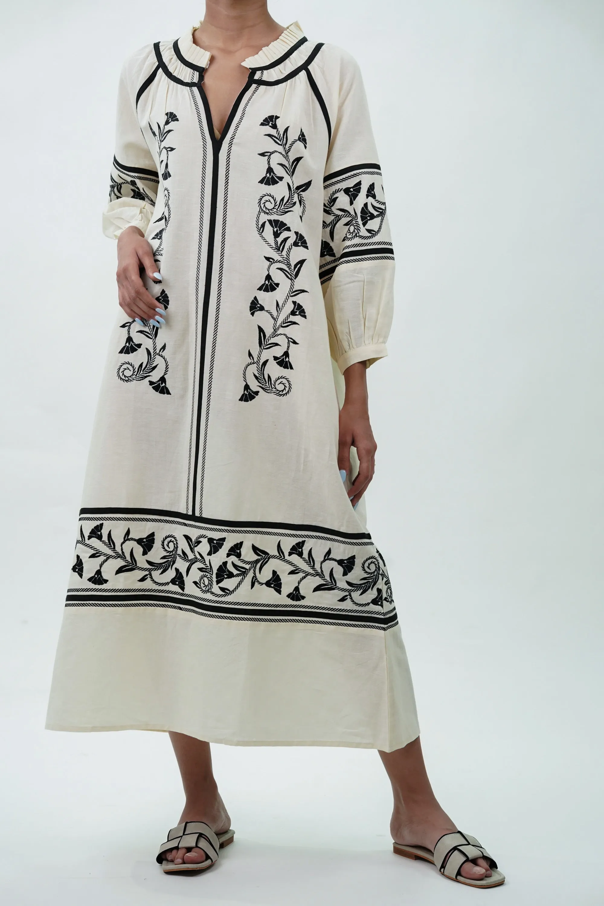 Long Cotton Dress with Black Floral Embroidery