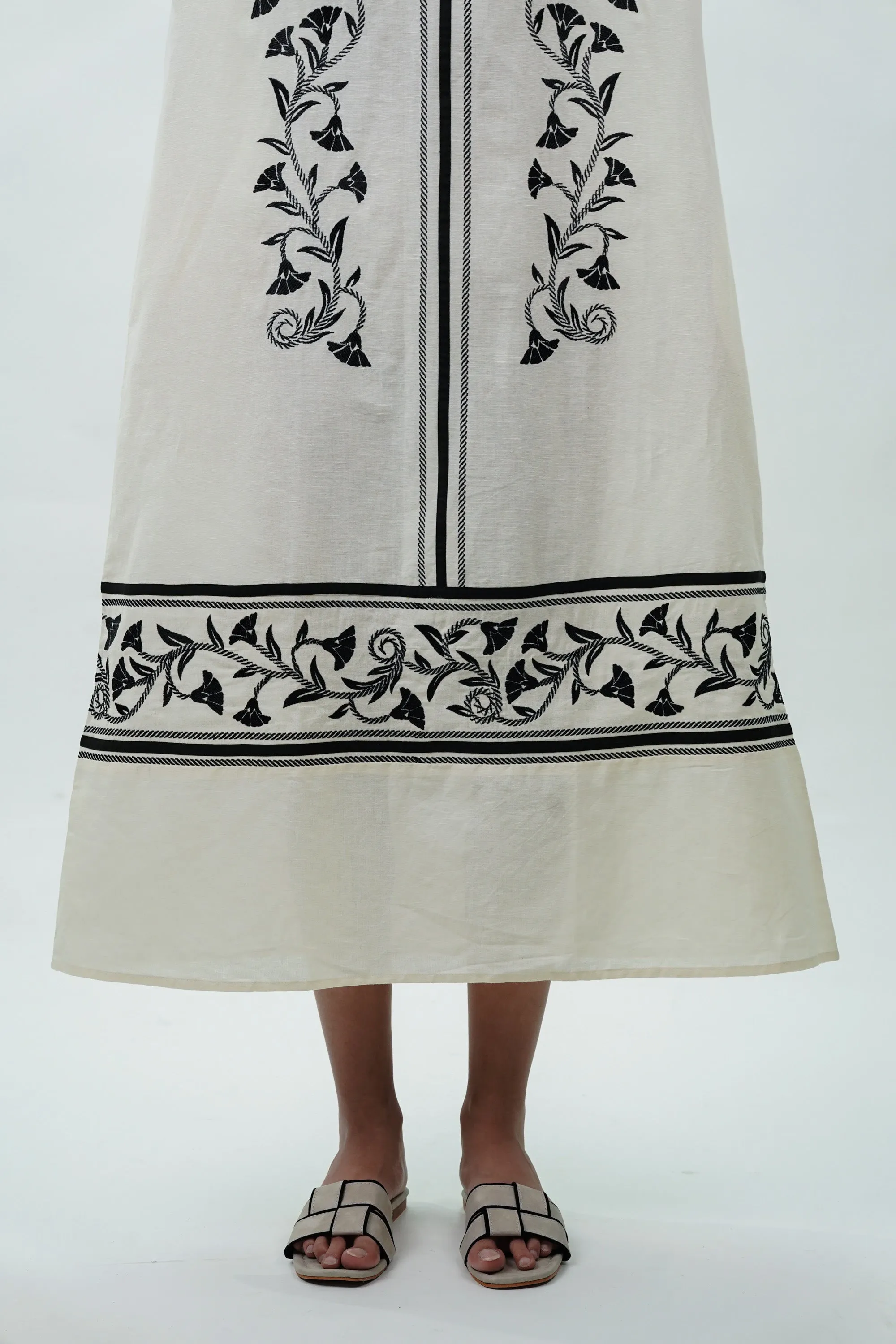 Long Cotton Dress with Black Floral Embroidery