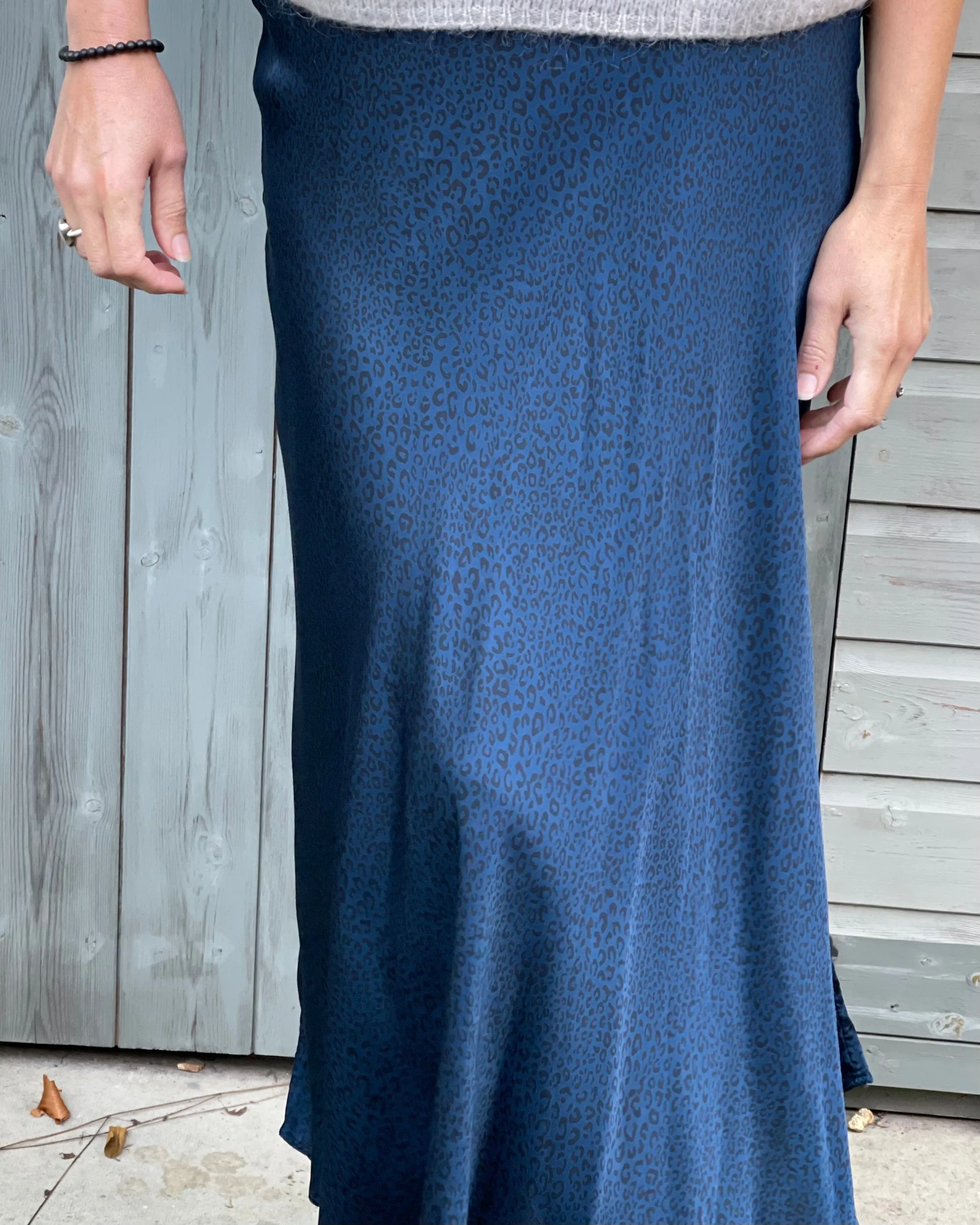 Long Satin Leopard Print Skirt - Peacock Blue