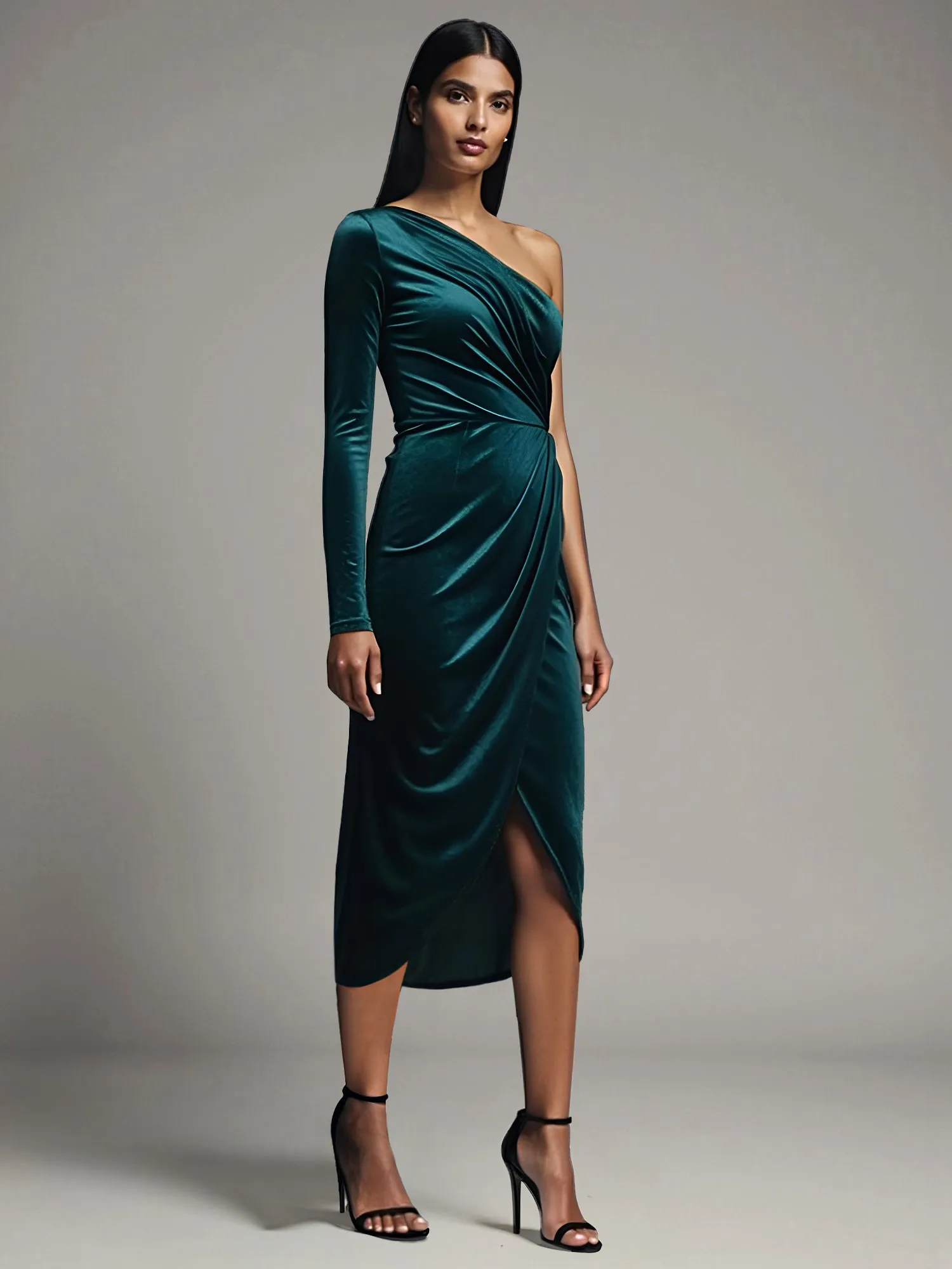 Long Sleeve One-Shoulder Velvet Midi Dress