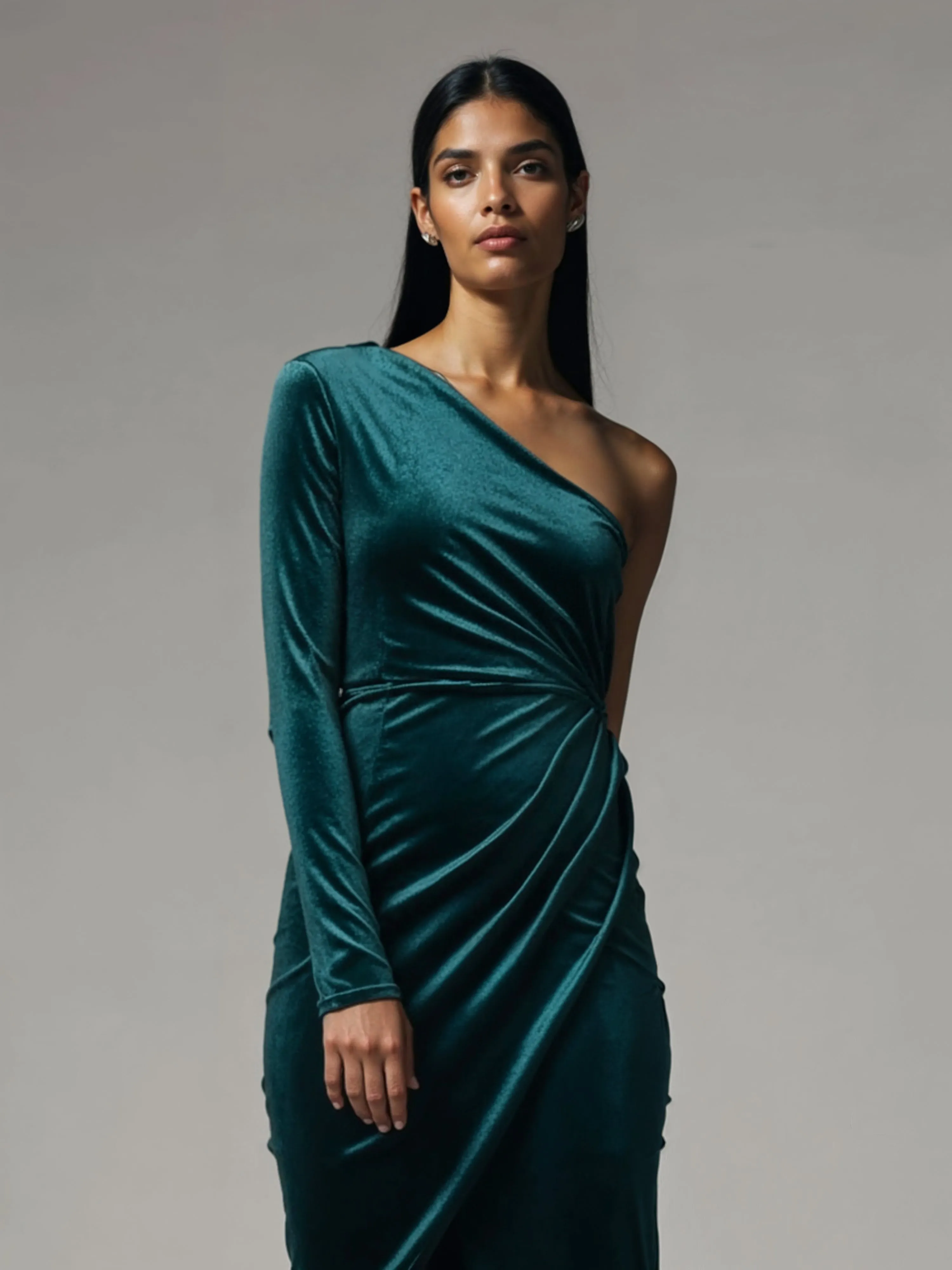 Long Sleeve One-Shoulder Velvet Midi Dress