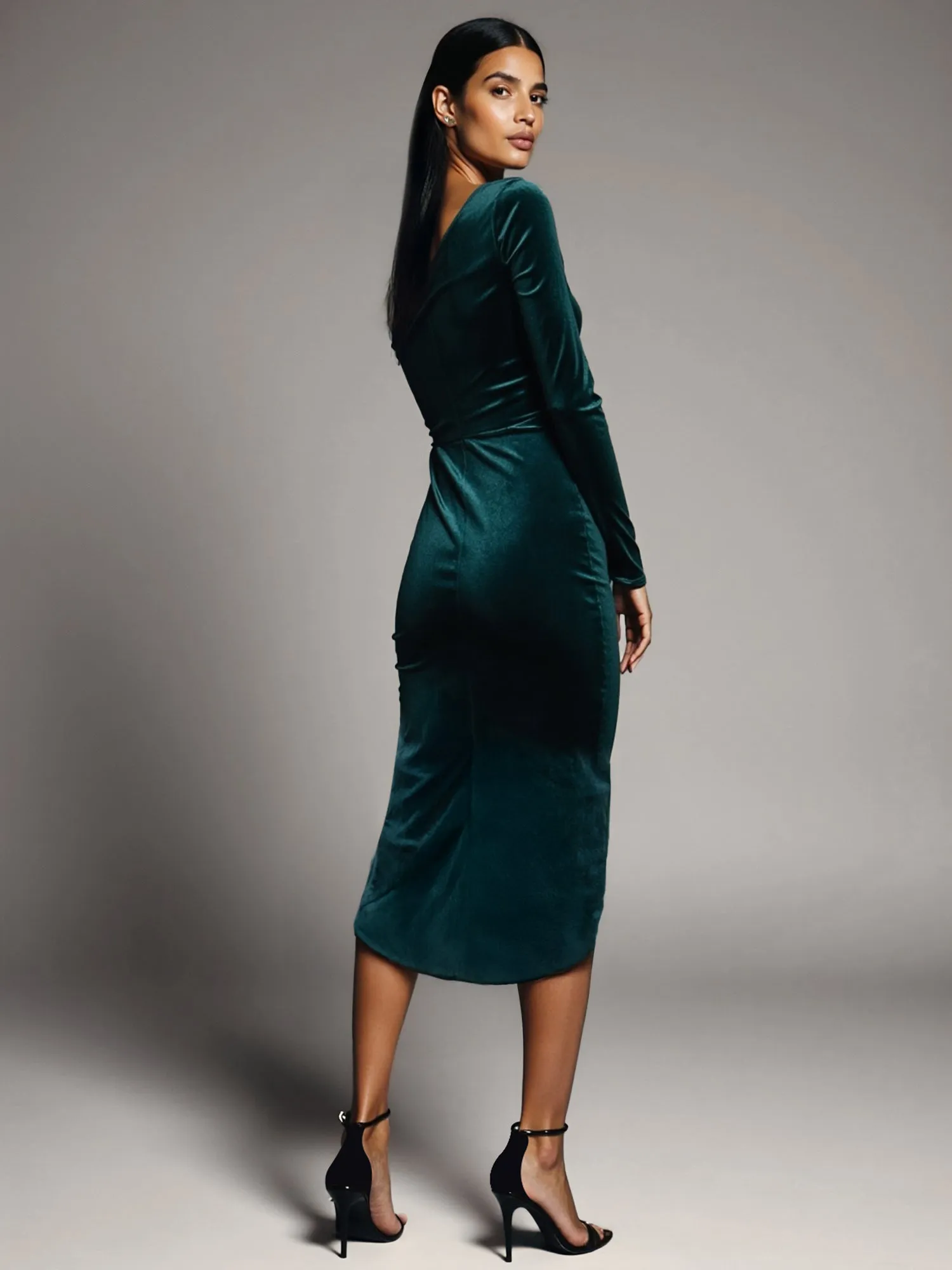 Long Sleeve One-Shoulder Velvet Midi Dress