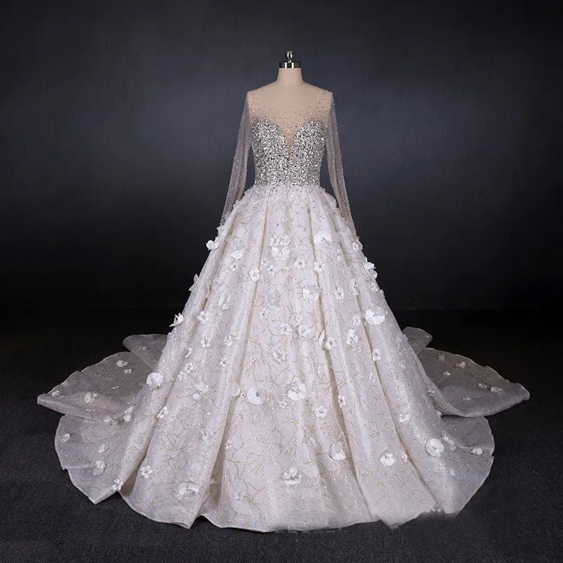 Luxurious Long Sleeves Flowers Ball Gowns Wedding Dress, Bridal Dresses OKQ25