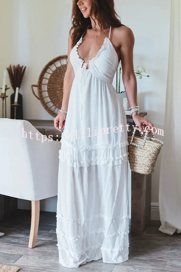 Luxurious Vacay Ruffle Trim Back Tie-up Halter Maxi Dress