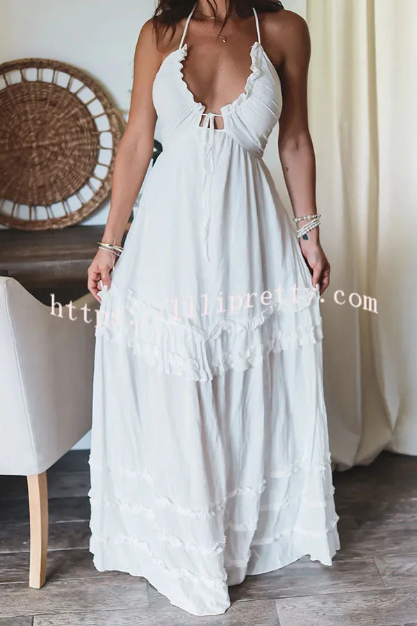 Luxurious Vacay Ruffle Trim Back Tie-up Halter Maxi Dress