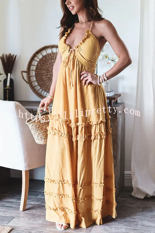 Luxurious Vacay Ruffle Trim Back Tie-up Halter Maxi Dress