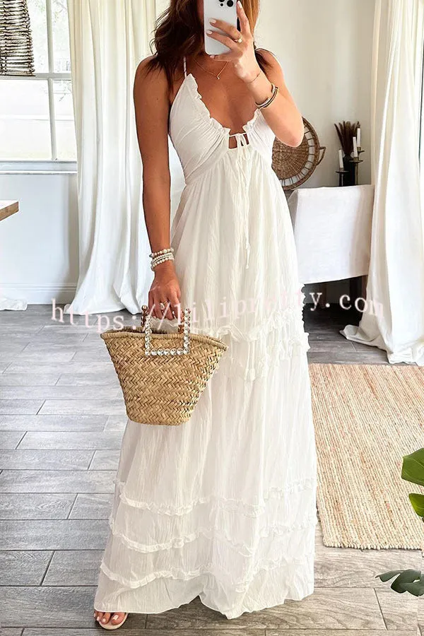 Luxurious Vacay Ruffle Trim Back Tie-up Halter Maxi Dress