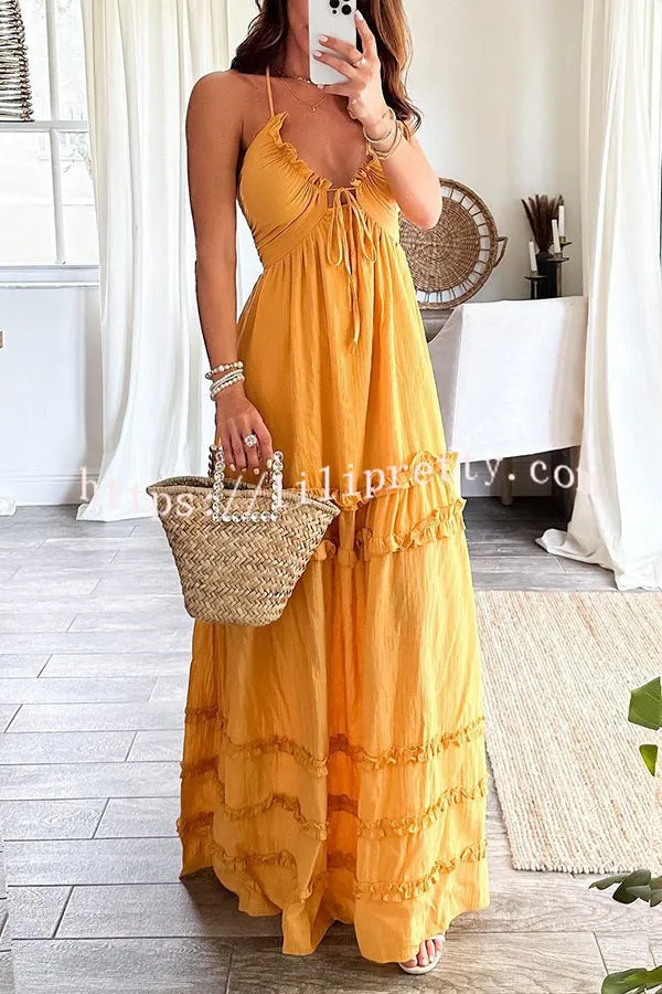 Luxurious Vacay Ruffle Trim Back Tie-up Halter Maxi Dress