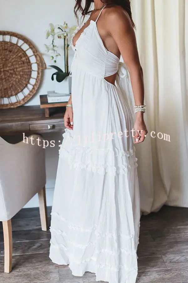 Luxurious Vacay Ruffle Trim Back Tie-up Halter Maxi Dress