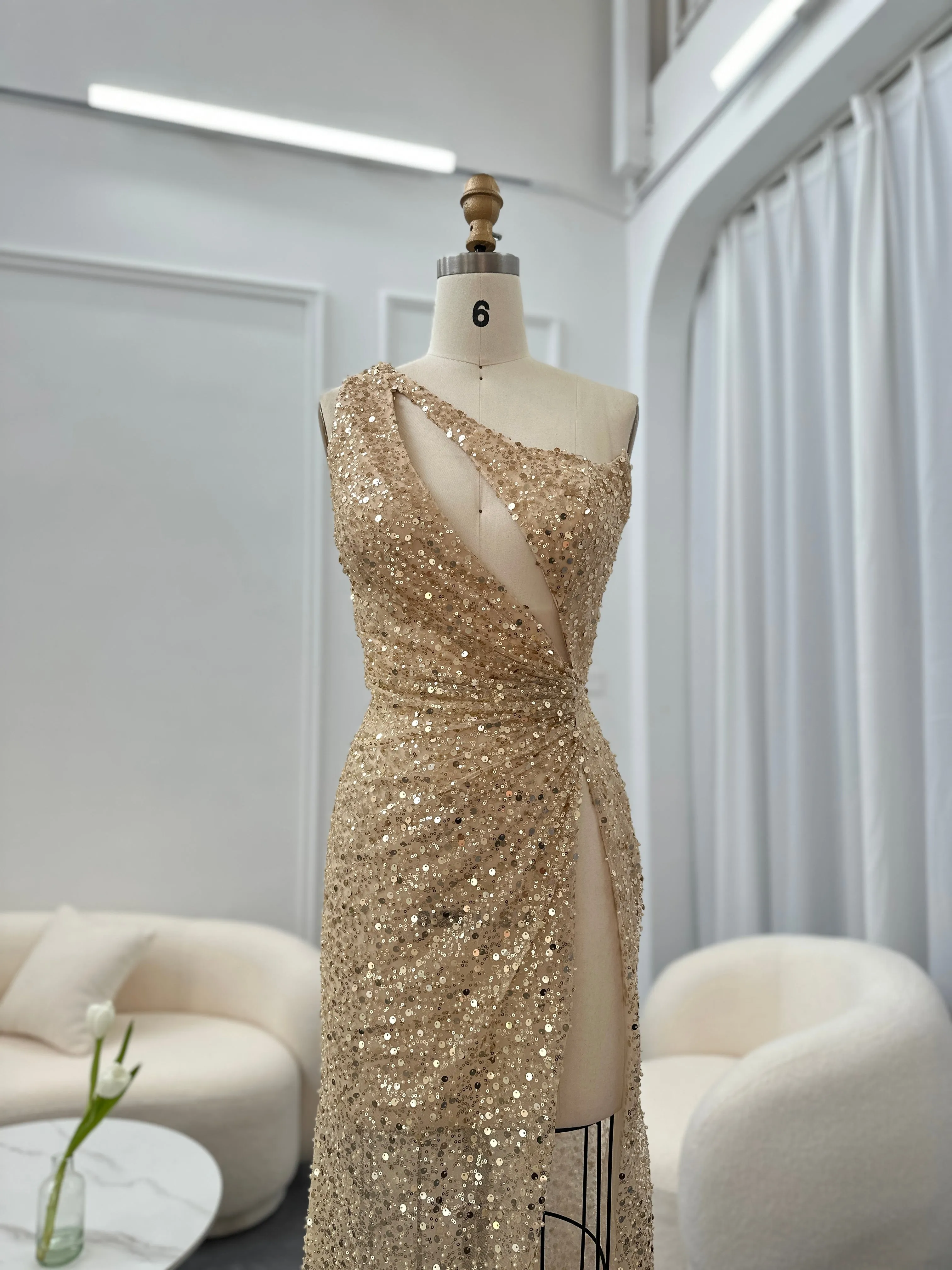 Luxury One-Shoulder Champagne High Slit Cocktail Dress RM087