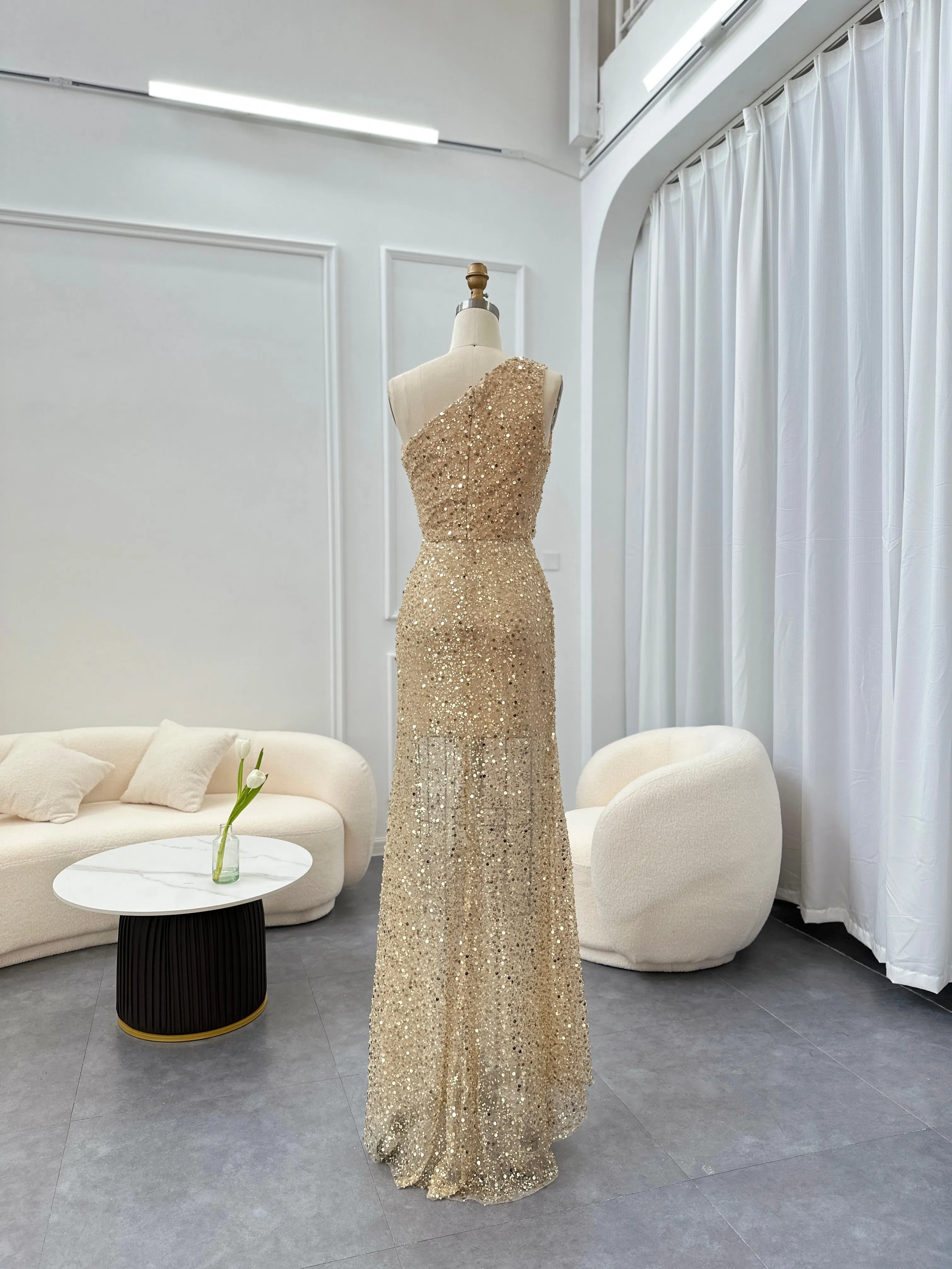 Luxury One-Shoulder Champagne High Slit Cocktail Dress RM087