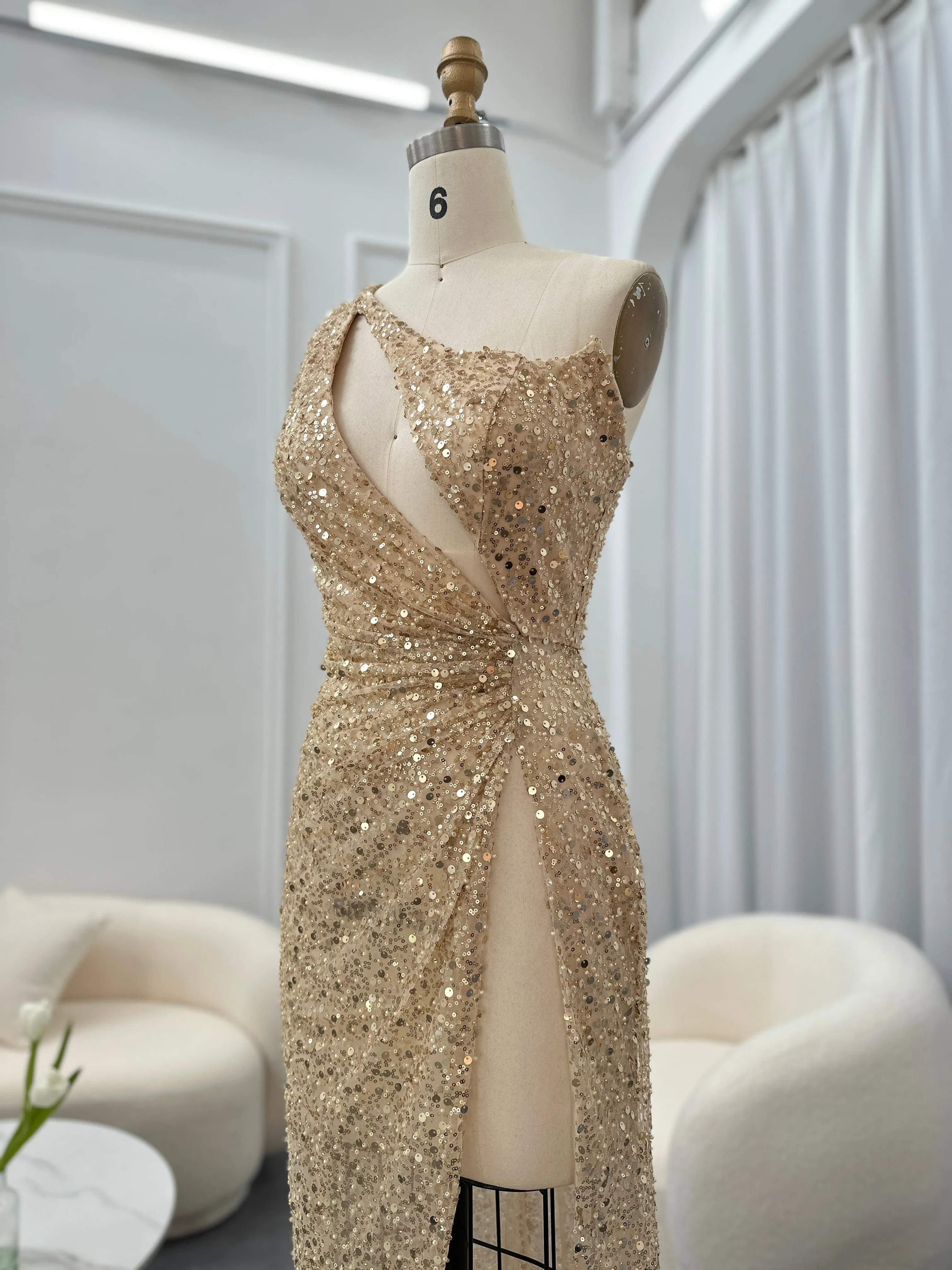 Luxury One-Shoulder Champagne High Slit Cocktail Dress RM087