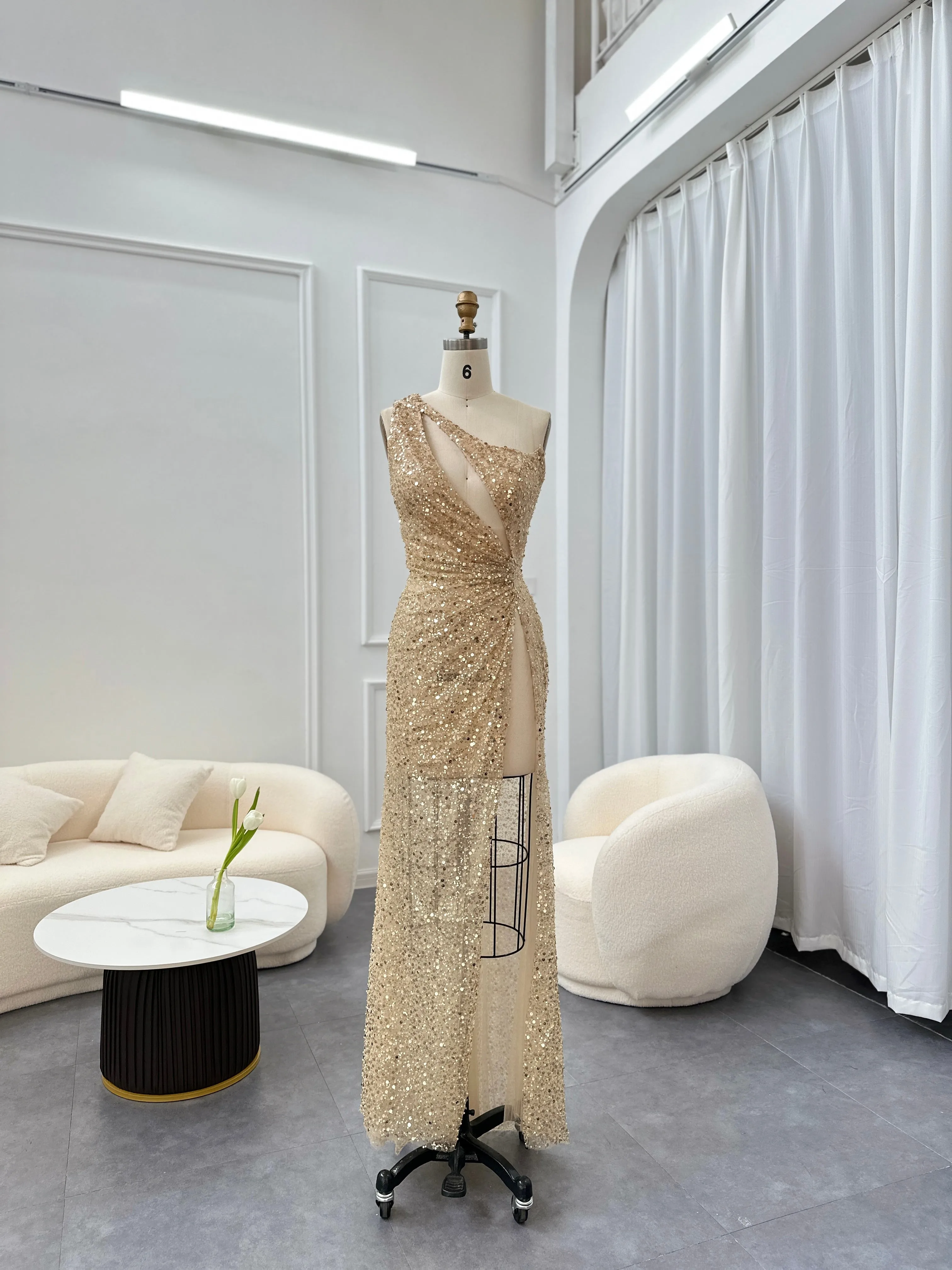 Luxury One-Shoulder Champagne High Slit Cocktail Dress RM087