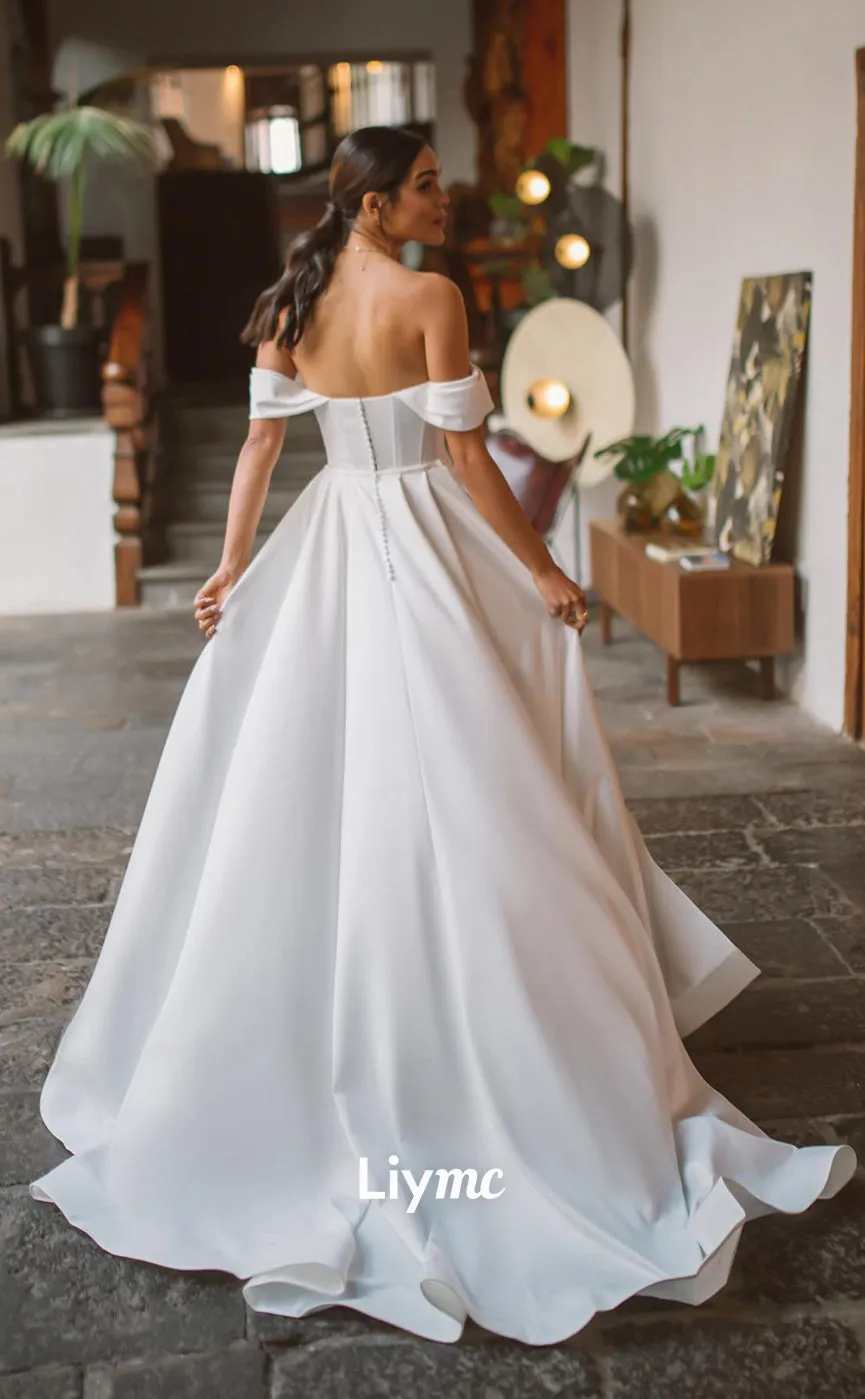 LW023 - Mermaid/Trumpet V neck Pleats Satin Wedding Dress with Slit