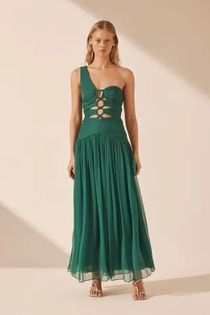 MARGOT ONE SHOULDER LACE UP MAXI DRESS - EVERGREEN