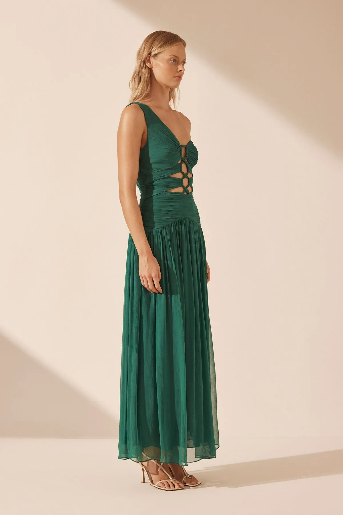 MARGOT ONE SHOULDER LACE UP MAXI DRESS - EVERGREEN