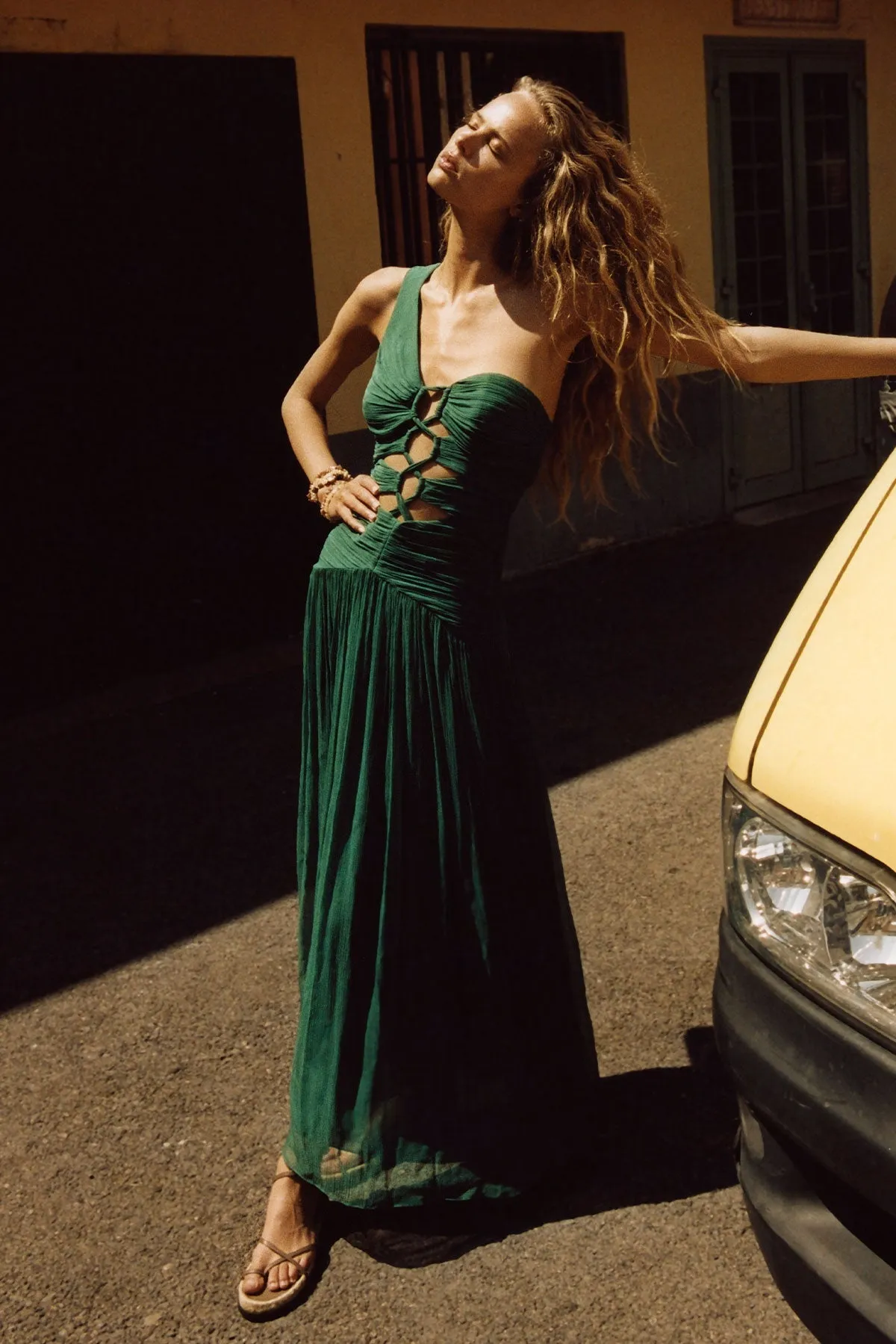 MARGOT ONE SHOULDER LACE UP MAXI DRESS - EVERGREEN