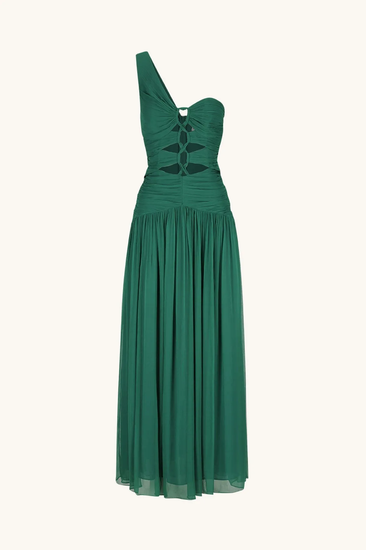 MARGOT ONE SHOULDER LACE UP MAXI DRESS - EVERGREEN