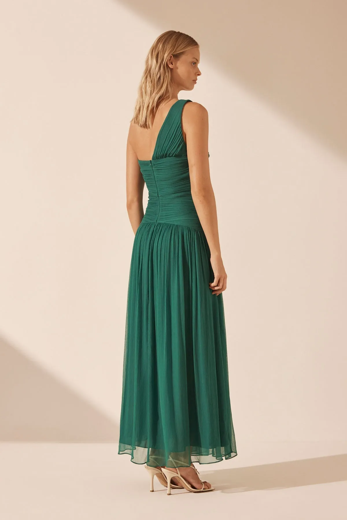 MARGOT ONE SHOULDER LACE UP MAXI DRESS - EVERGREEN