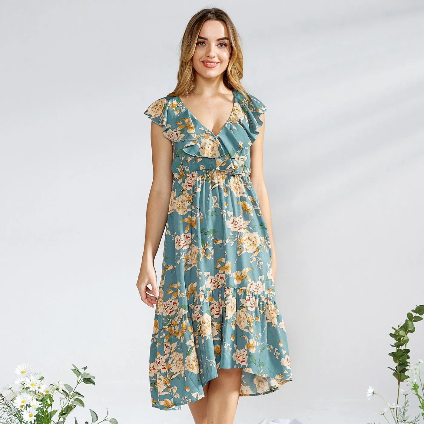 Matching Family Outfit - Floral Print Vintage Midi Dresses - Flounce V-neck Sleeveless Dresses