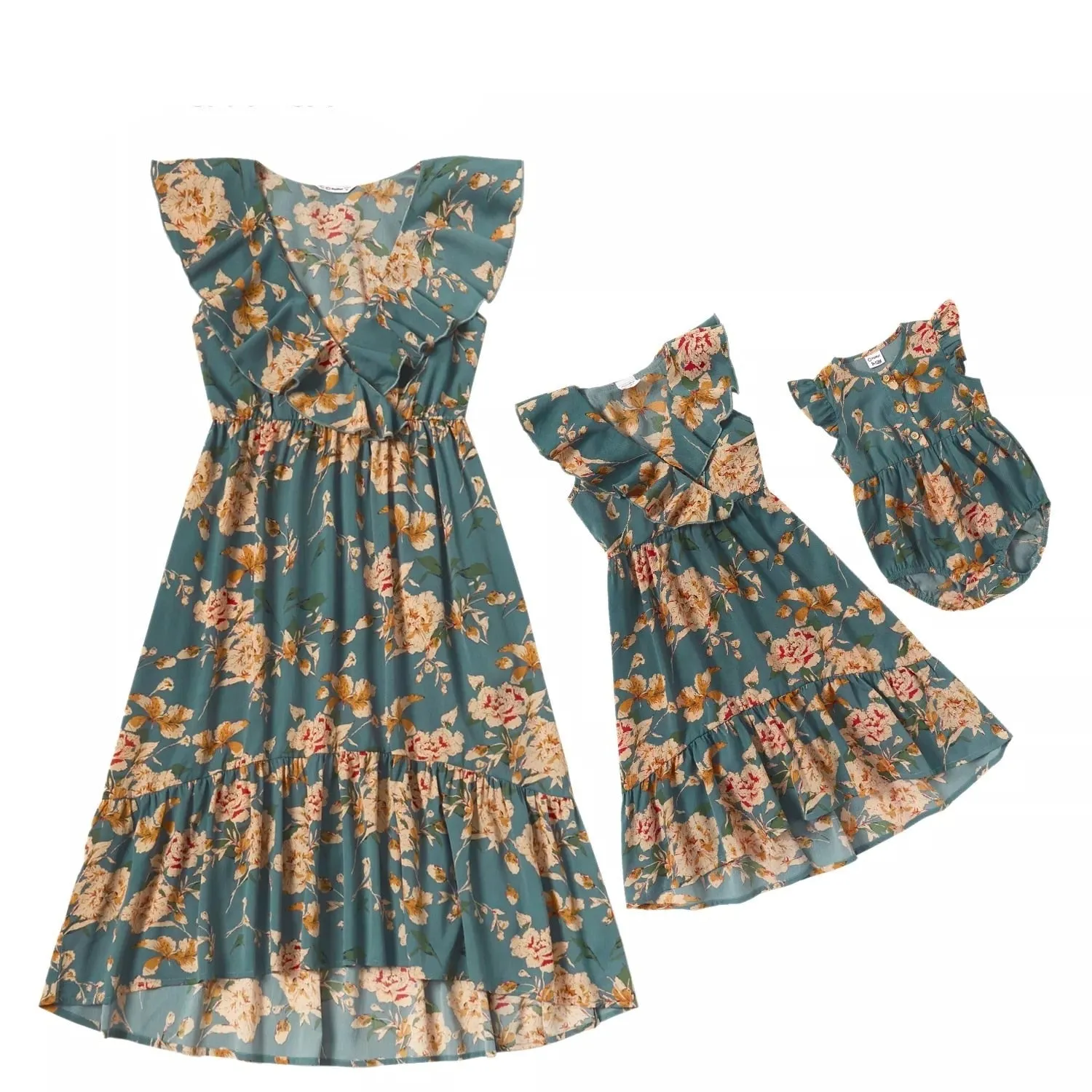 Matching Family Outfit - Floral Print Vintage Midi Dresses - Flounce V-neck Sleeveless Dresses