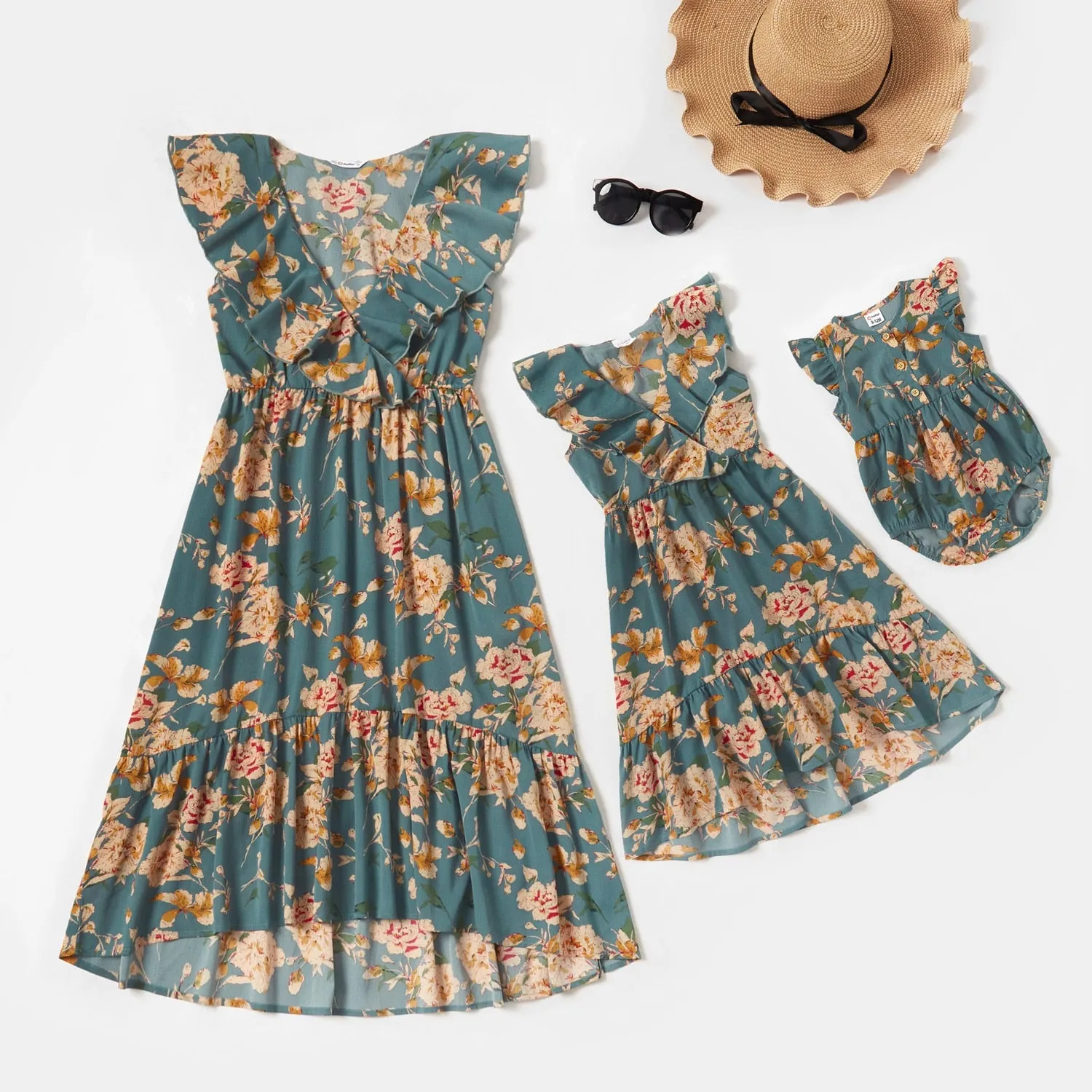 Matching Family Outfit - Floral Print Vintage Midi Dresses - Flounce V-neck Sleeveless Dresses