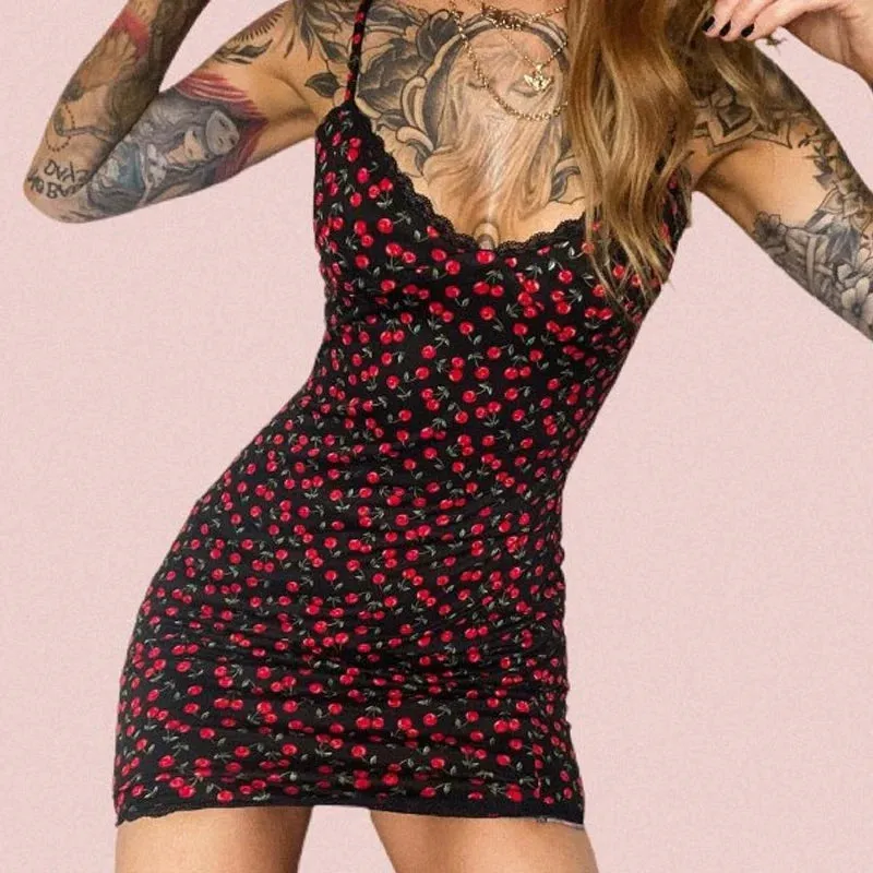 Nadya Cherry Print Mini Dress in Black