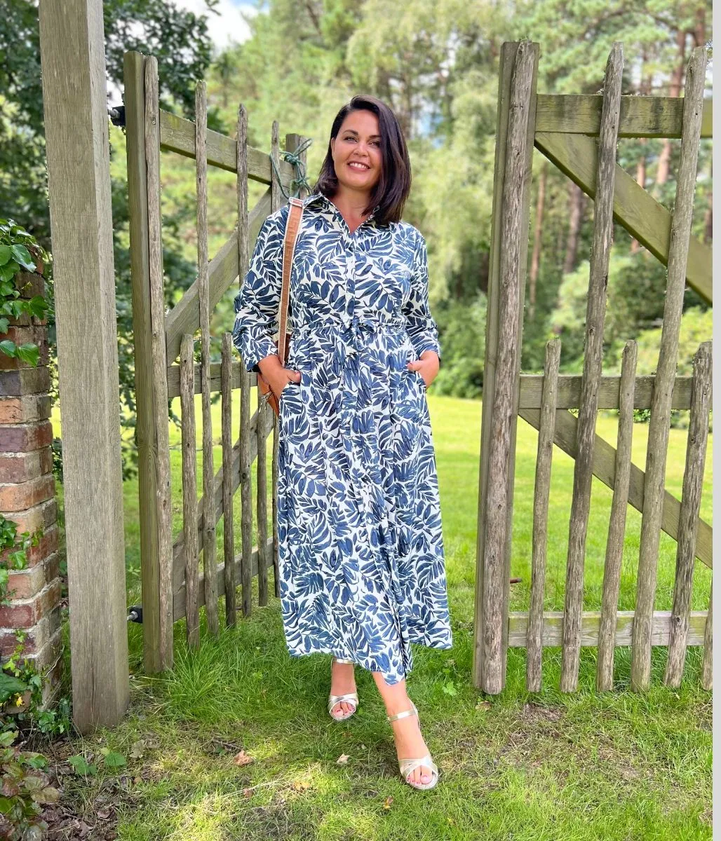 Navy Leaf Print Shirt Dress