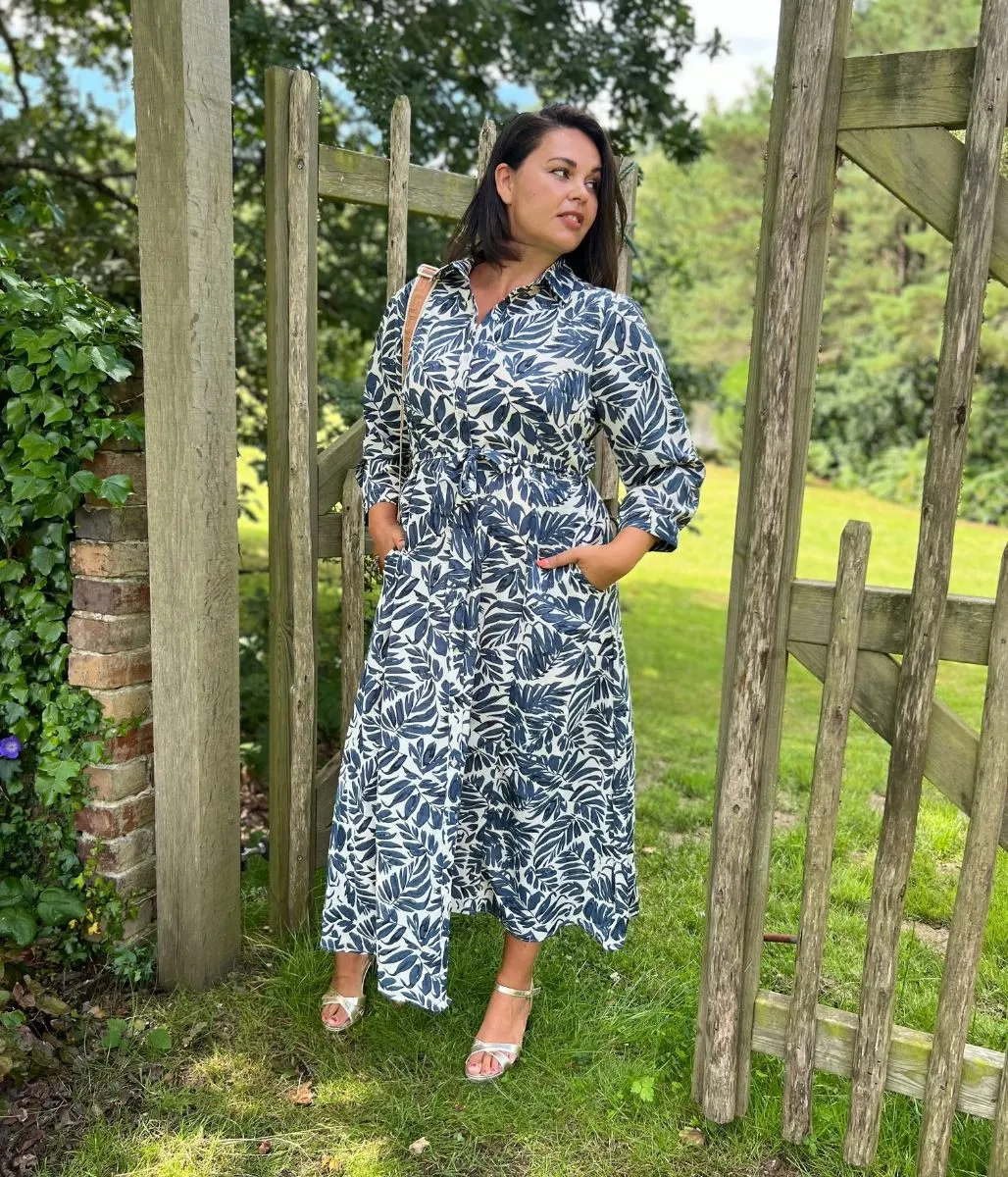 Navy Leaf Print Shirt Dress