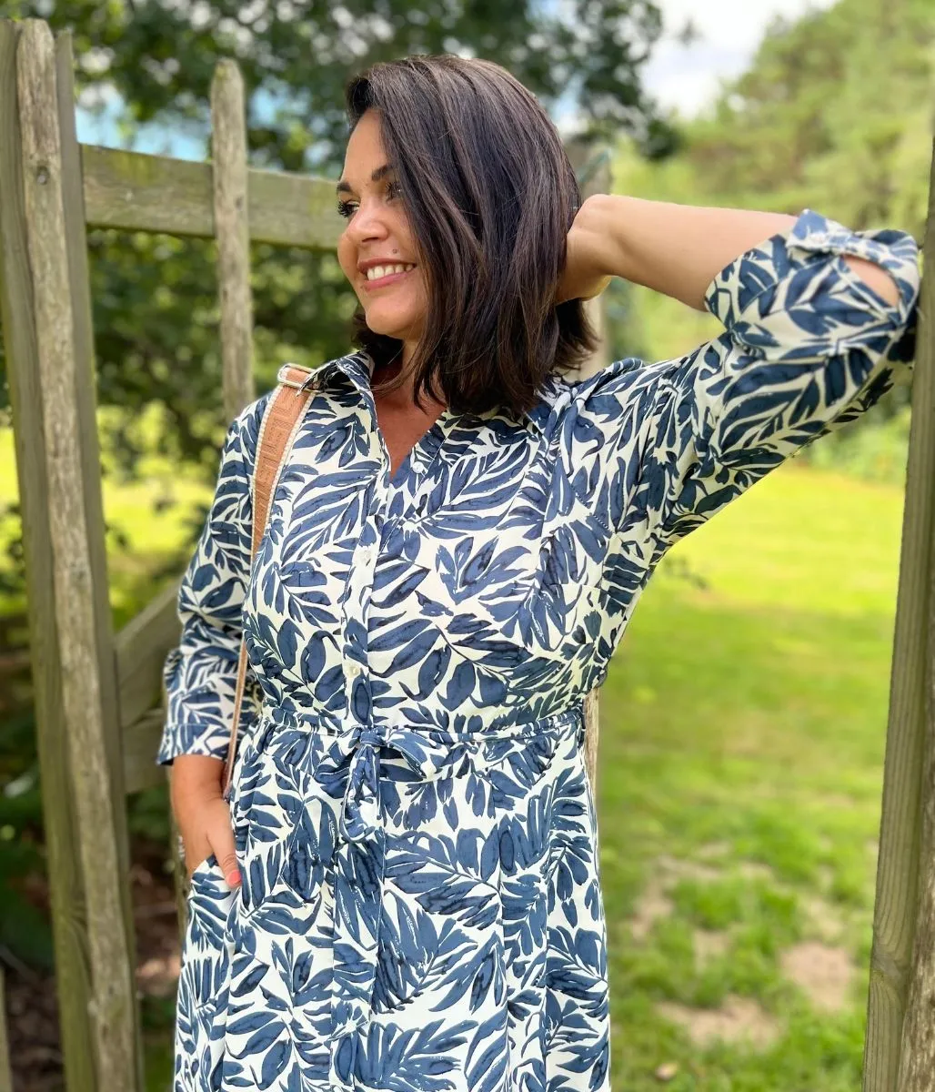 Navy Leaf Print Shirt Dress