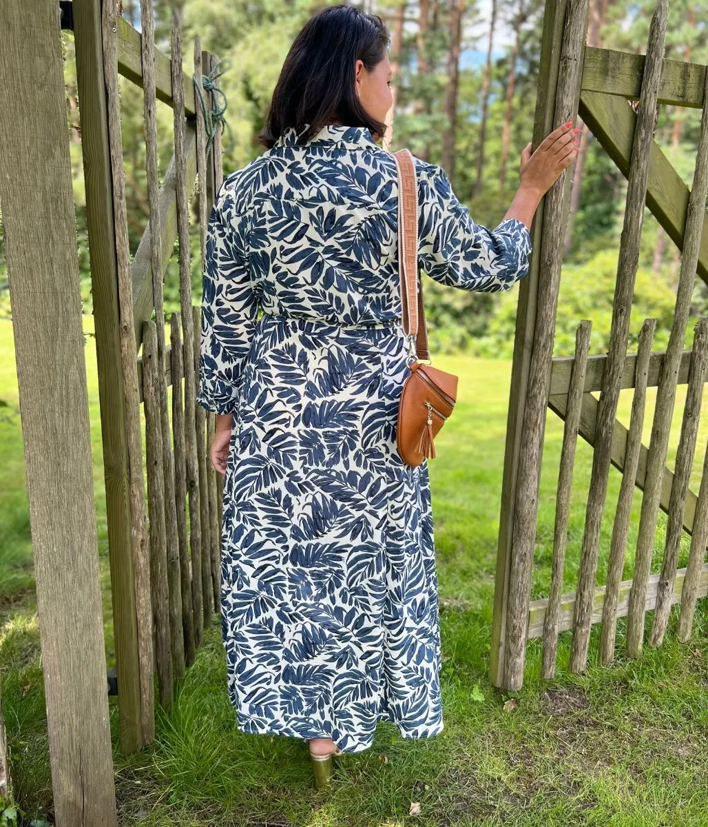 Navy Leaf Print Shirt Dress