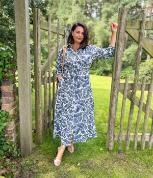 Navy Leaf Print Shirt Dress