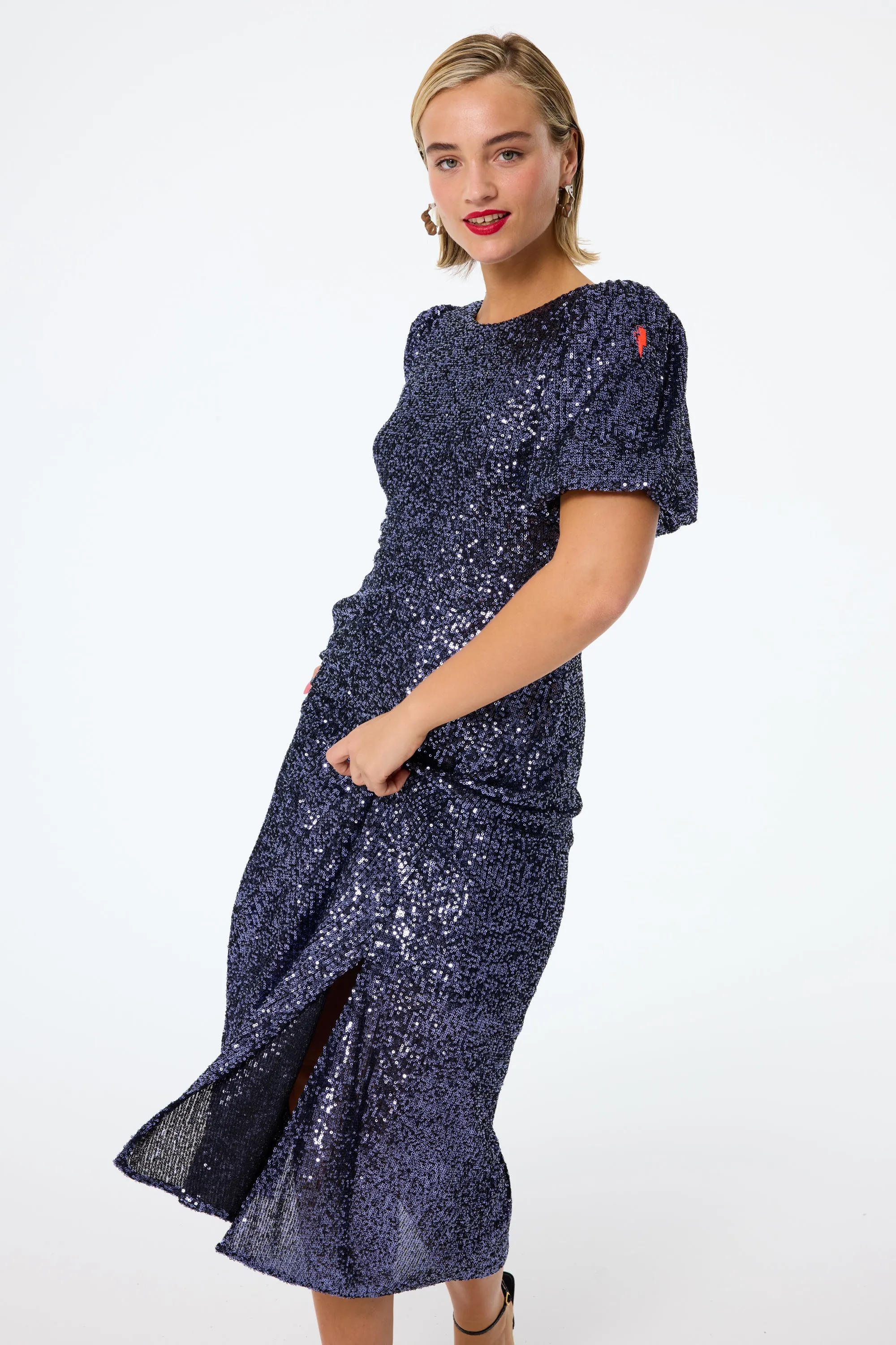 Navy Sequin Puff Sleeve Midi Dress