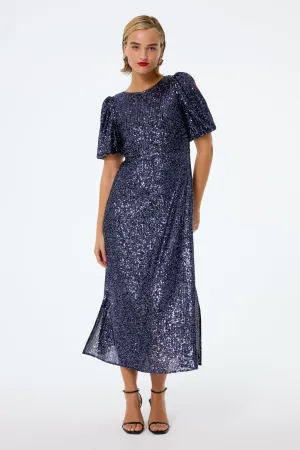 Navy Sequin Puff Sleeve Midi Dress