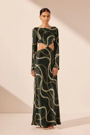 NOA SILK LONG SLEEVE LACE UP MAXI DRESS