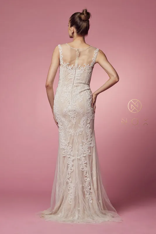 NOX ANABEL E1006 Beaded Illusion Fitted Formal Dress