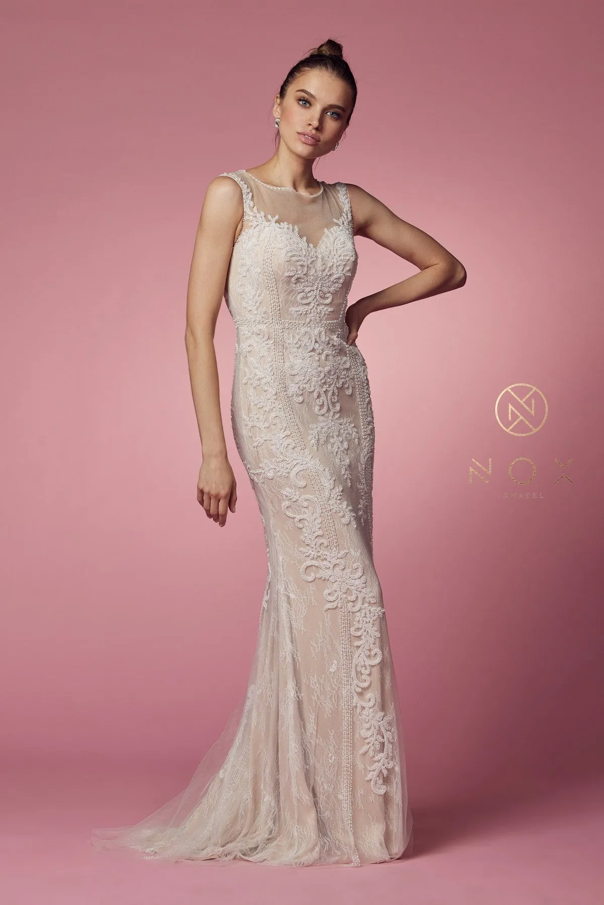 NOX ANABEL E1006 Beaded Illusion Fitted Formal Dress