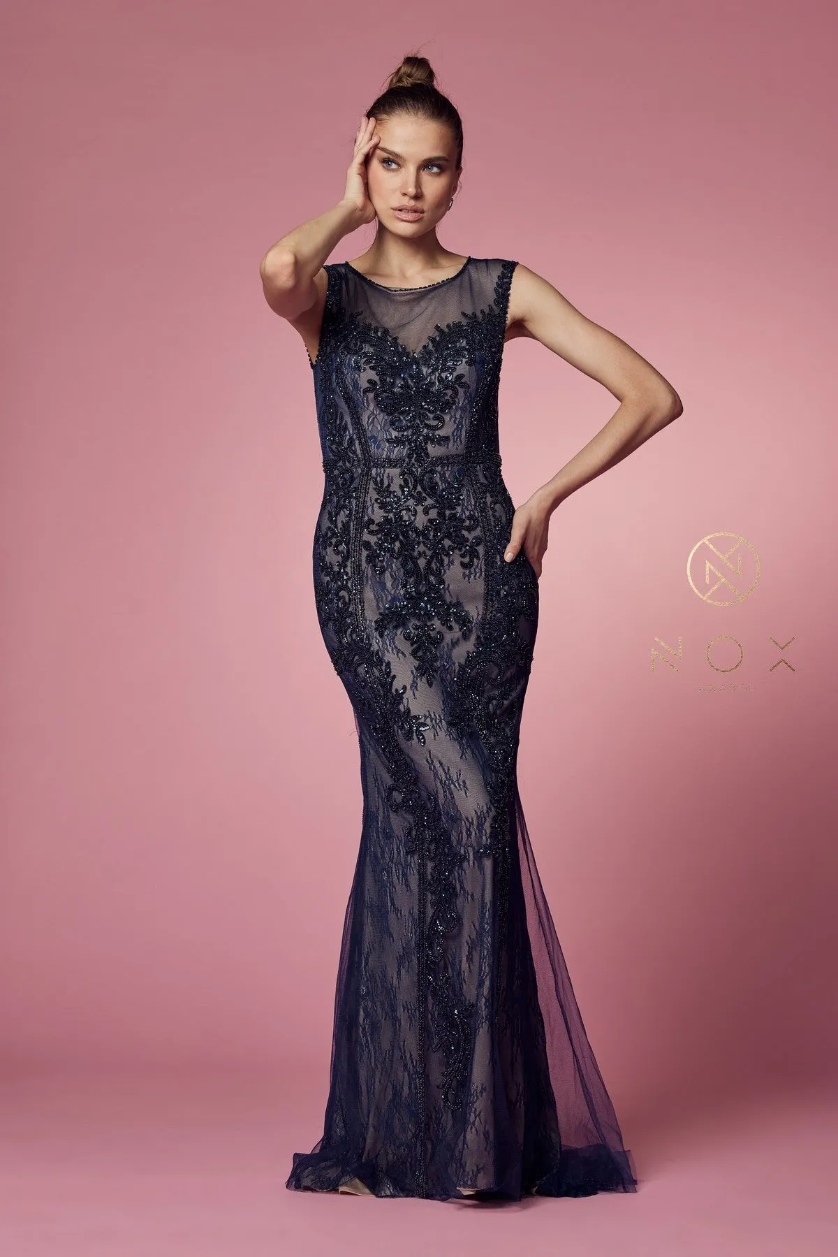 NOX ANABEL E1006 Beaded Illusion Fitted Formal Dress