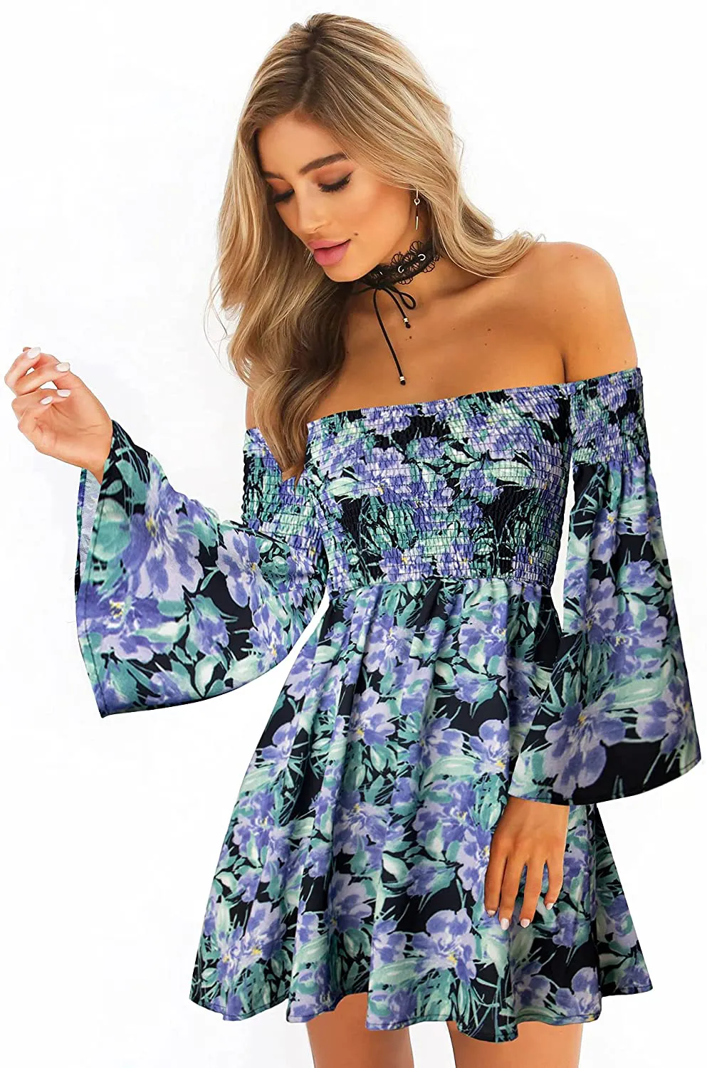 ONEYIM Women's Dress Summer Floral Long Sleeve Off Shoulder Casual Mini Dresses