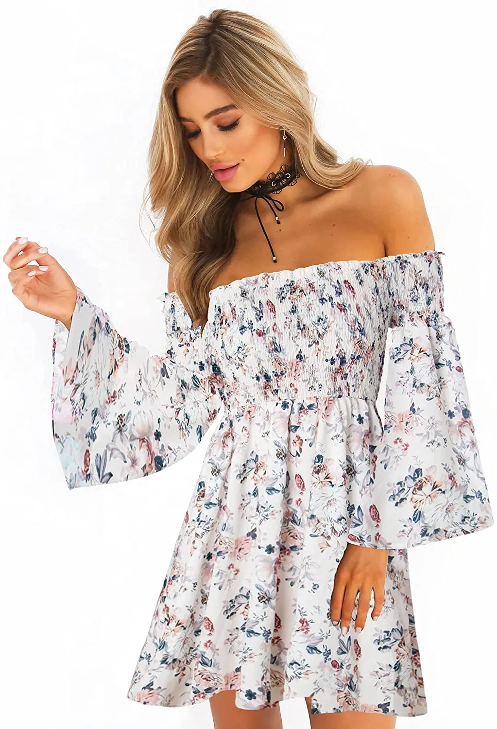 ONEYIM Women's Dress Summer Floral Long Sleeve Off Shoulder Casual Mini Dresses