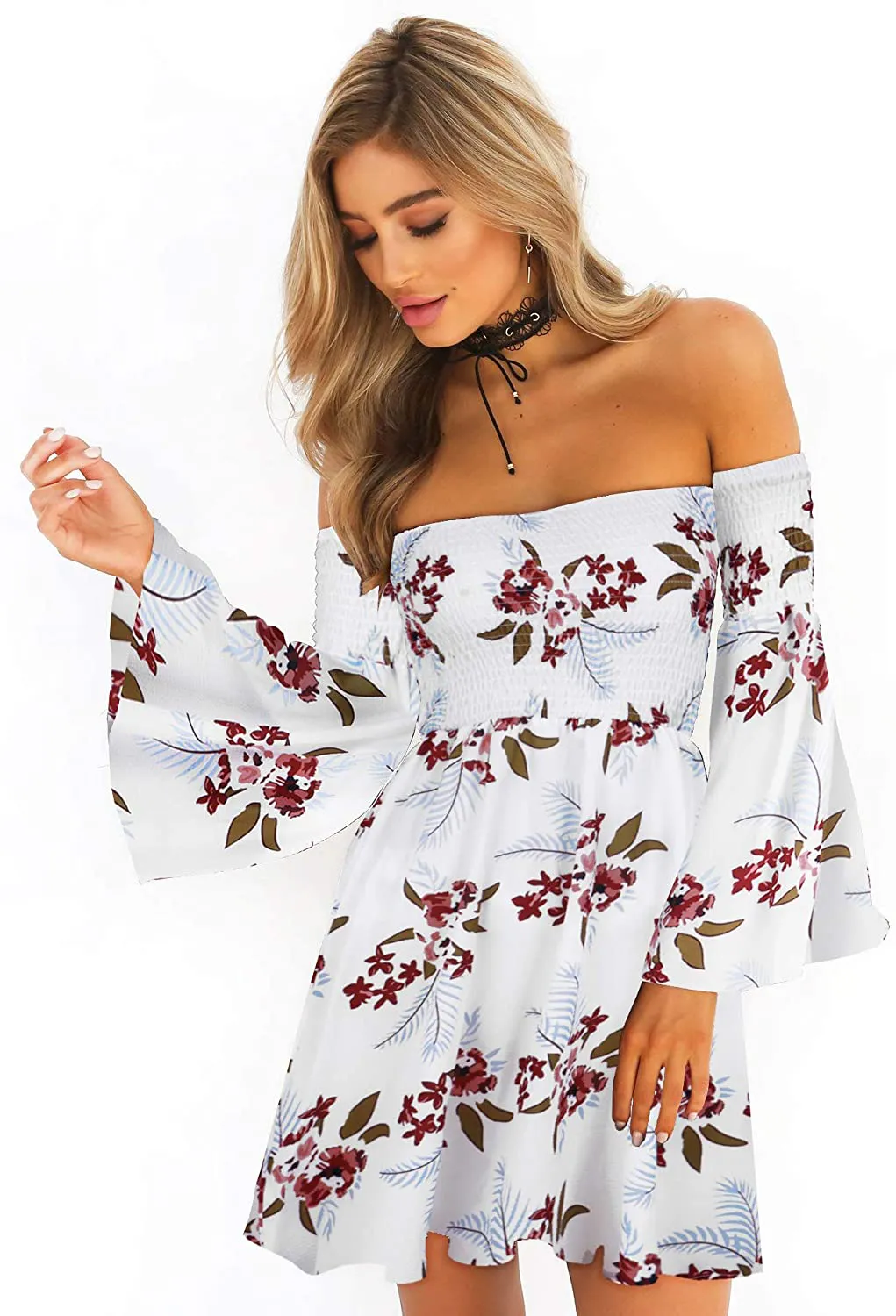 ONEYIM Women's Dress Summer Floral Long Sleeve Off Shoulder Casual Mini Dresses