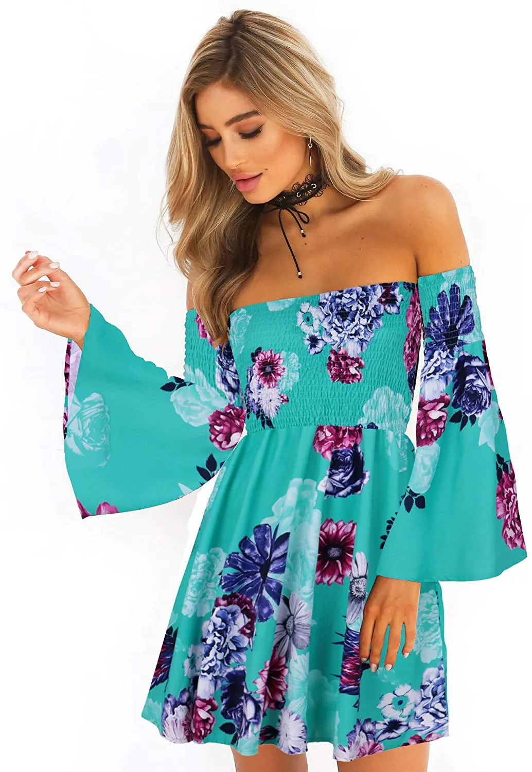 ONEYIM Women's Dress Summer Floral Long Sleeve Off Shoulder Casual Mini Dresses