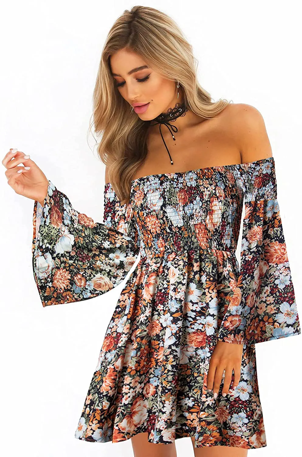 ONEYIM Women's Dress Summer Floral Long Sleeve Off Shoulder Casual Mini Dresses