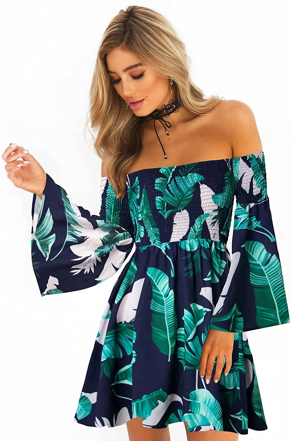 ONEYIM Women's Dress Summer Floral Long Sleeve Off Shoulder Casual Mini Dresses