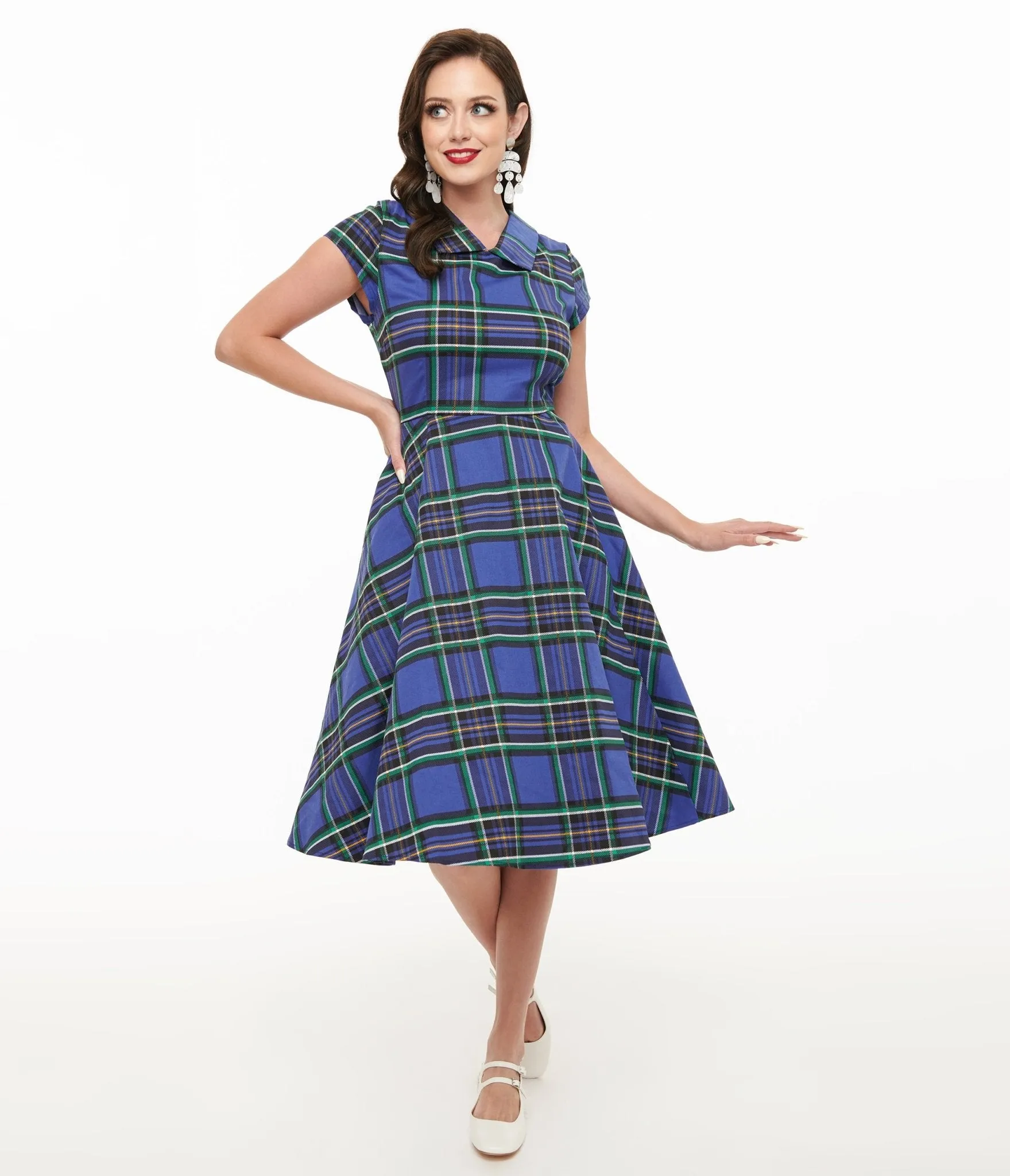 Orchid Bloom 1950s Blue Plaid Swing Dress